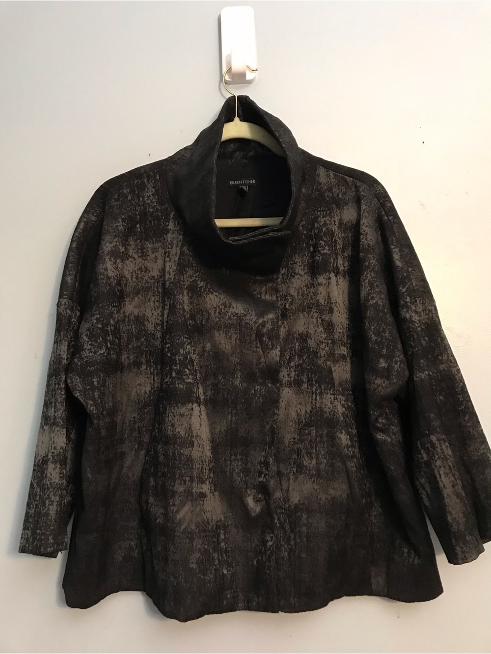 Eileen Fisher Black and Gray Textured Funnel-Neck Jacket